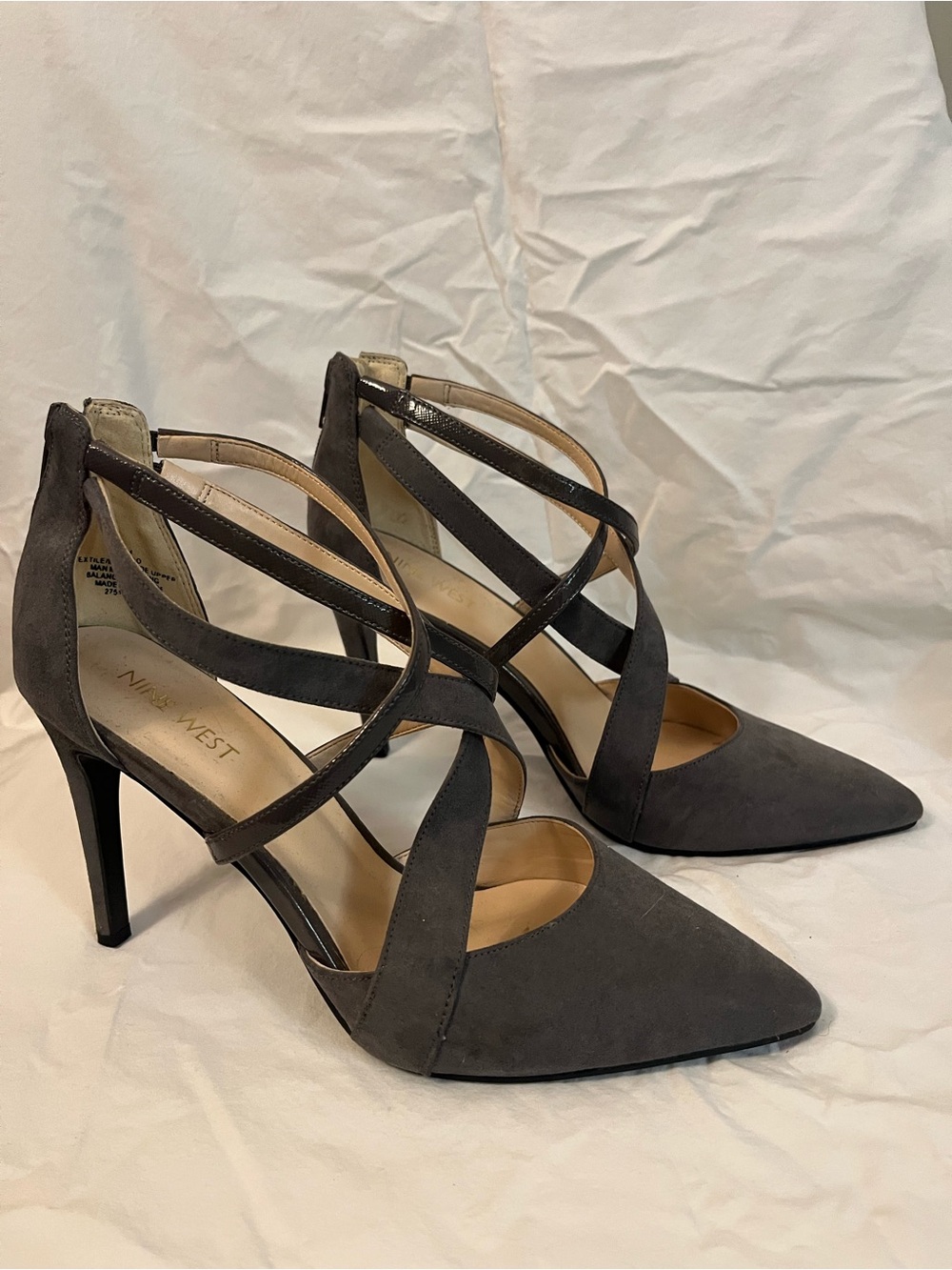 Nine West Charcoal Gray Pointed-Toe Crisscross Strap Heels